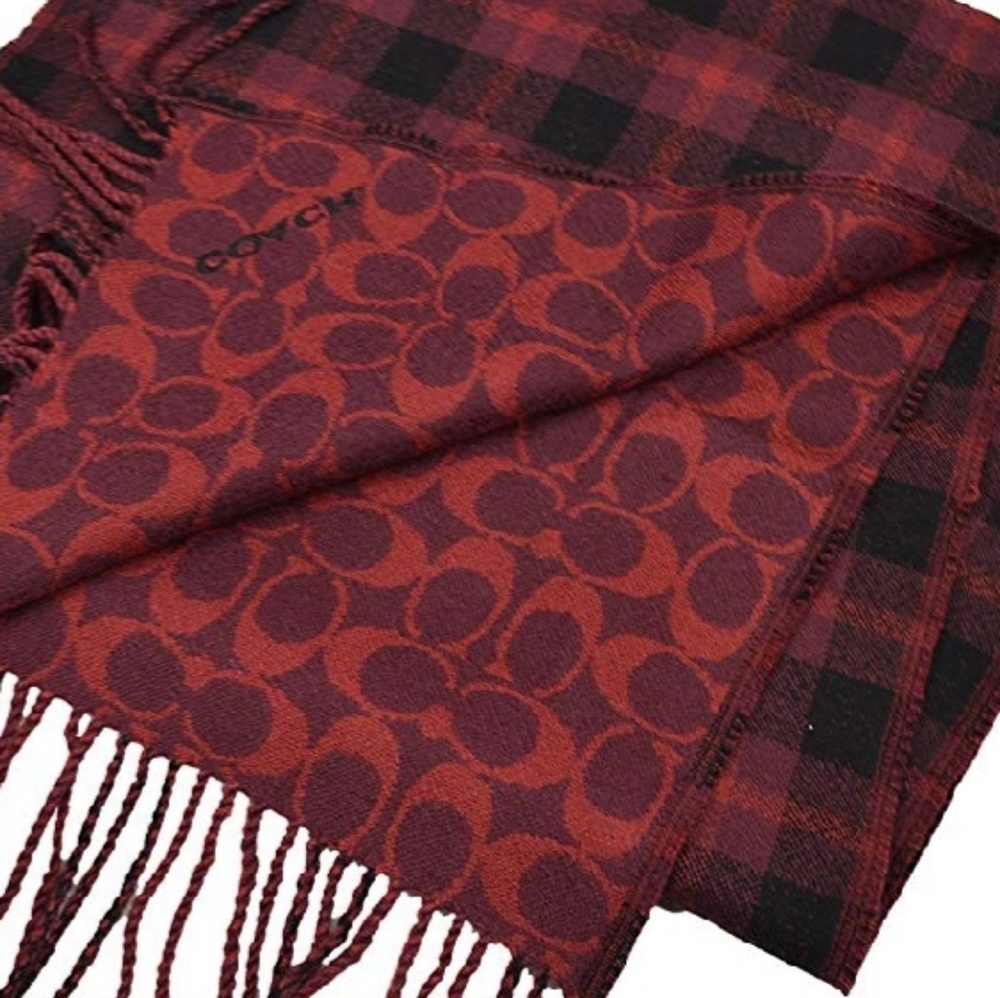 COACH Plaid & C-logo Oxblood Wool Blend Scarf
